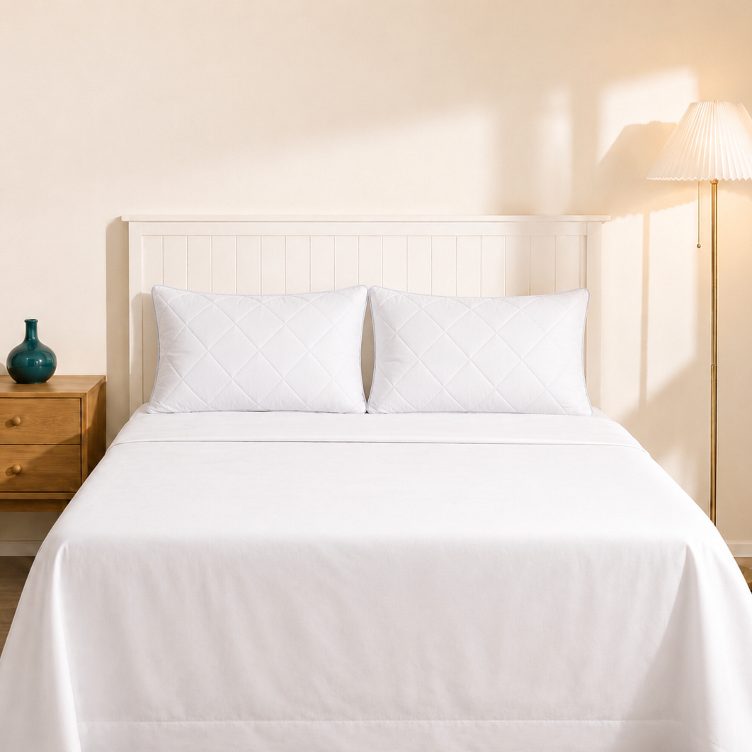 White cotton sheet set with two quilted cooling pillows on a clean wooden bed, teal vase and brass floor lamp – Las Mareas Tidal Tranquility Collection