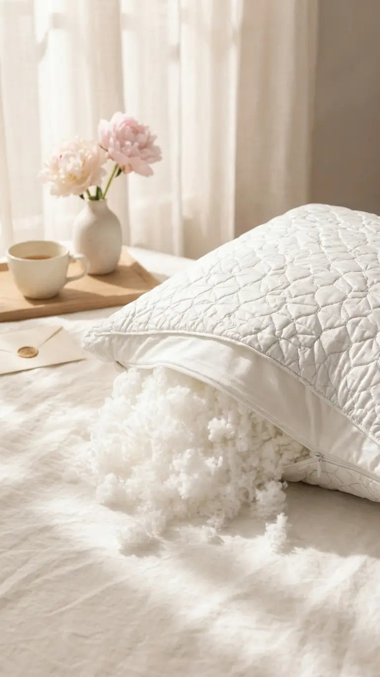 Adjustable shredded memory foam pillow with open zipper showing fluffy fill, quilted cover, with coffee cup and peonies on a sunlit bed – Las Mareas 5-Star Retreat