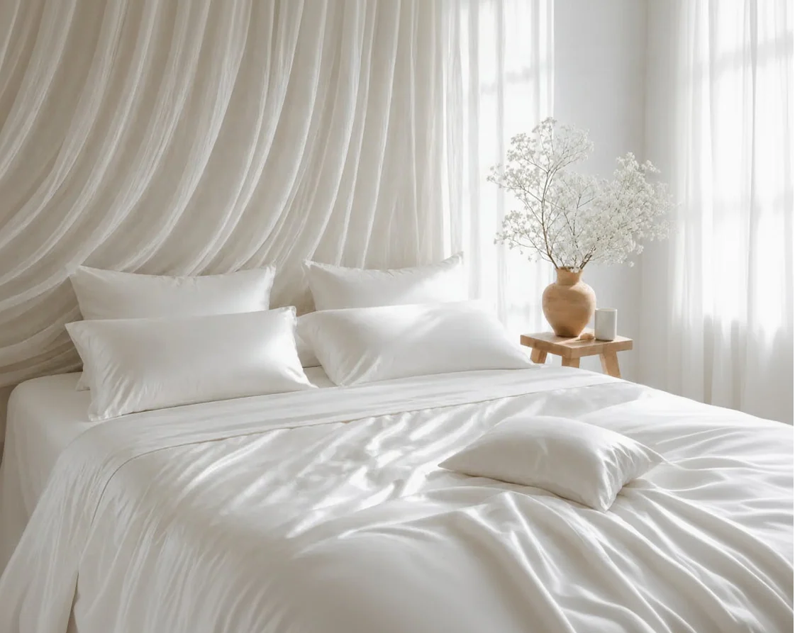 Silky white Tencel lyocell bedding with cool sheen on an airy coastal bed with sheer white curtains – Las Mareas Cloud-Nine Collection