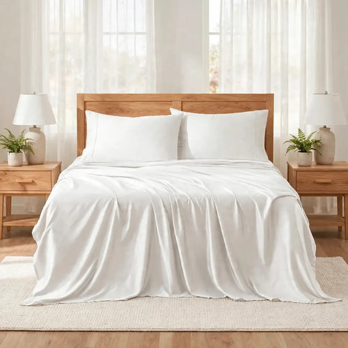 A neatly made bed with white bedding, including two white pillows and a white duvet, set in a bright bedroom with a wooden headboard, matching nightstands, lamps, and plants.