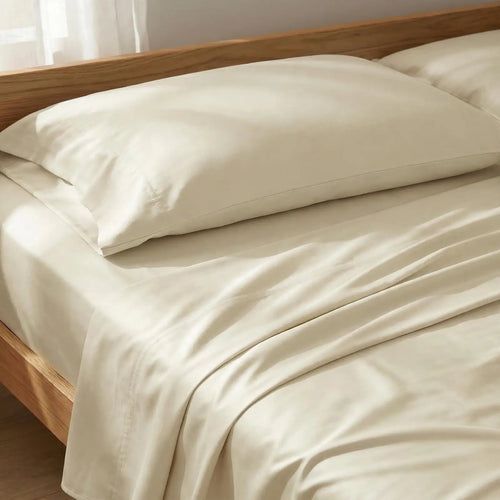 Las Mareas, Cream-colored cotton sheet and pillowcase set on a bed with a light wood headboard.