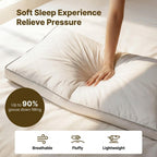 Person holding a soft pillow with text highlighting its features on a bed.