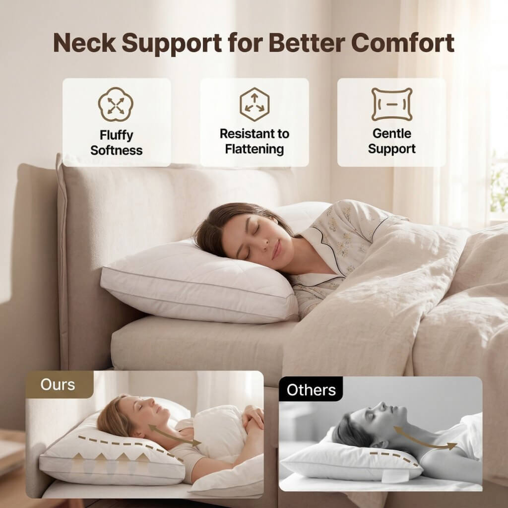 Woman sleeping with a neck support pillow in a bedroom setting, highlighting features and comparison with 'Others'.