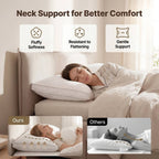 Woman sleeping with a neck support pillow in a bedroom setting, highlighting features and comparison with 'Others'.