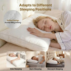Woman sleeping on a pillow with text highlighting its adaptability to different sleeping positions.