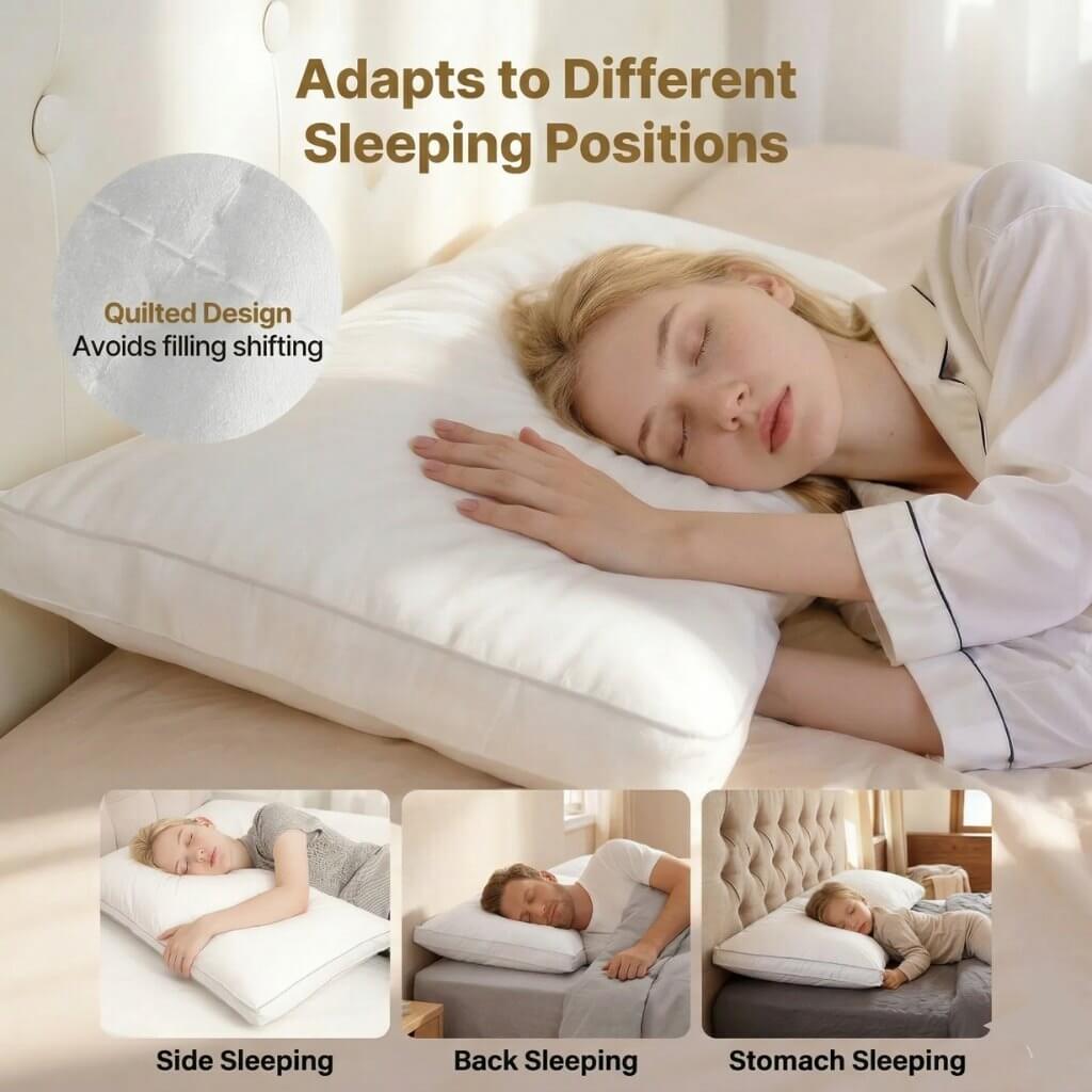 Woman sleeping on a pillow with text highlighting its adaptability to different sleeping positions.