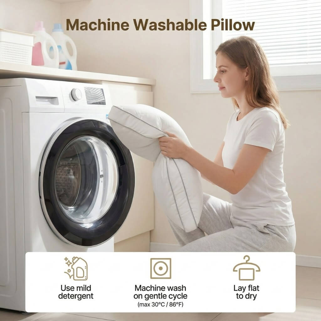 Woman washing a machine washable pillow in front of a washing machine.