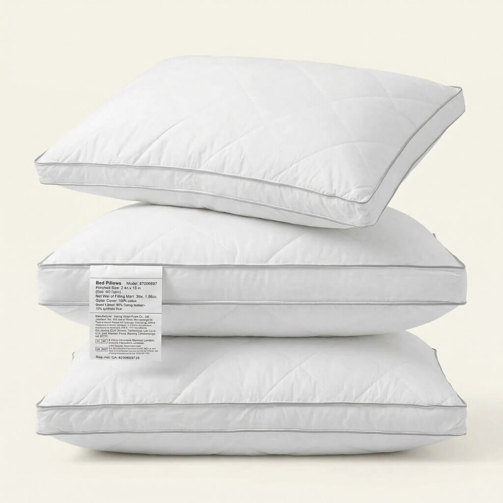 Three white pillows stacked on a light beige background with a label.