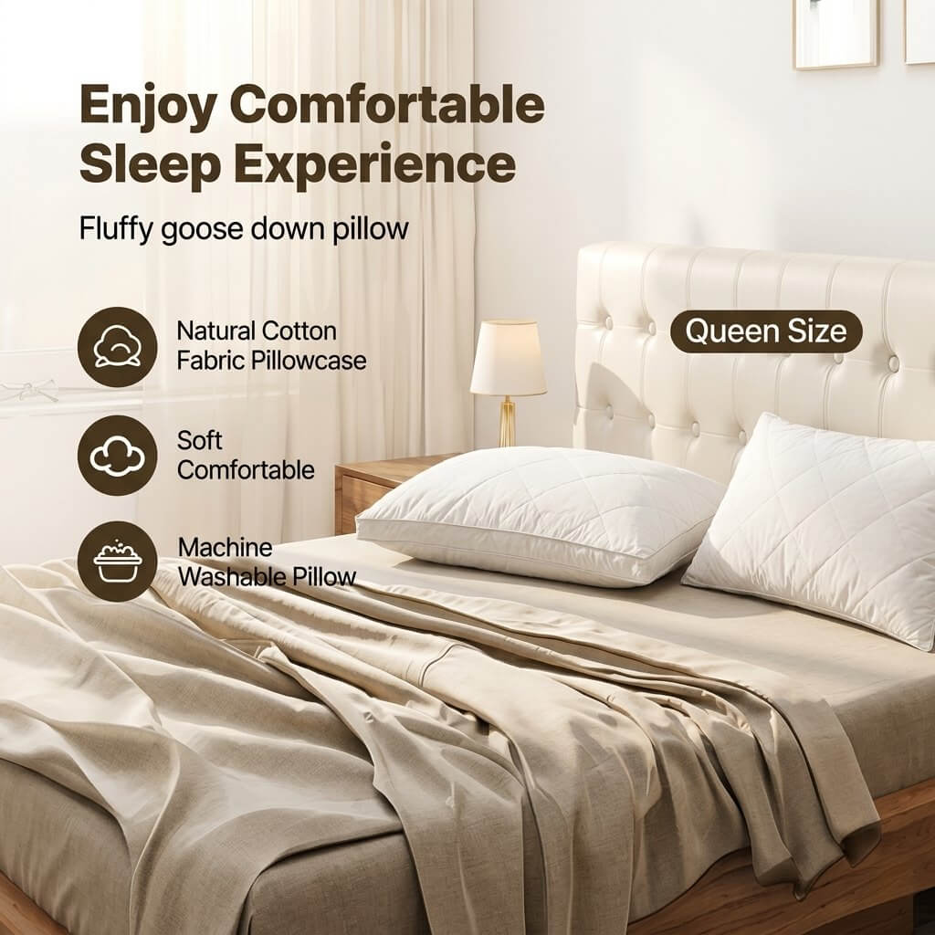 Bed with white pillows and beige bedding, featuring text about a fluffy goose down pillow.
