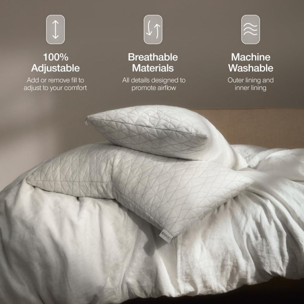 The Core Calm Adjustable White pillows on a bed with text highlighting adjustable, breathable, and machine washable features.