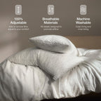 The Core Calm Adjustable White pillows on a bed with text highlighting adjustable, breathable, and machine washable features.