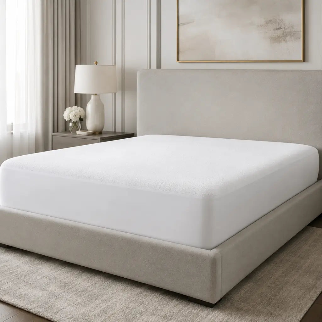 A white mattress fitted sheet shown on a bed frame in a softly styled bedroom with neutral walls, a bedside lamp, curtains, and framed wall art.