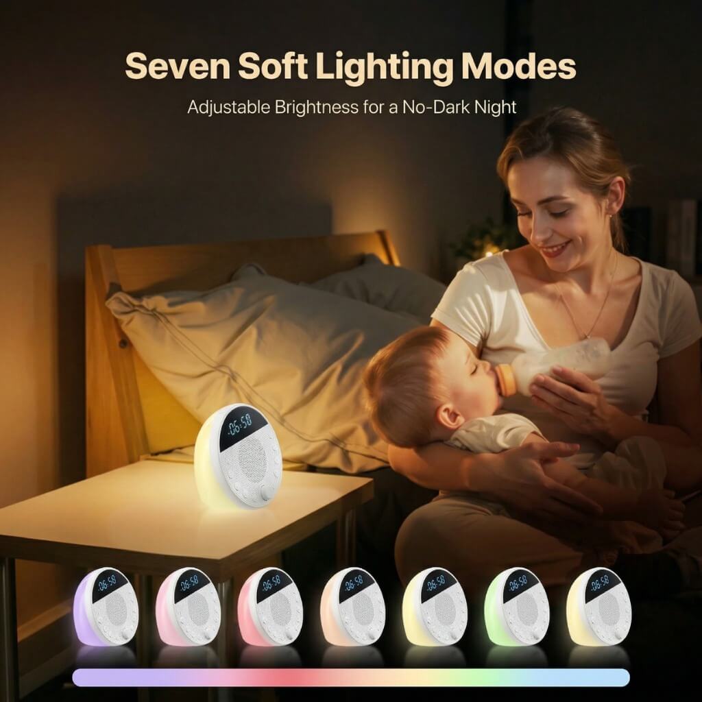 Woman and child in a bedroom with a night light displaying seven soft lighting modes. Deep Rest White Noise Machine