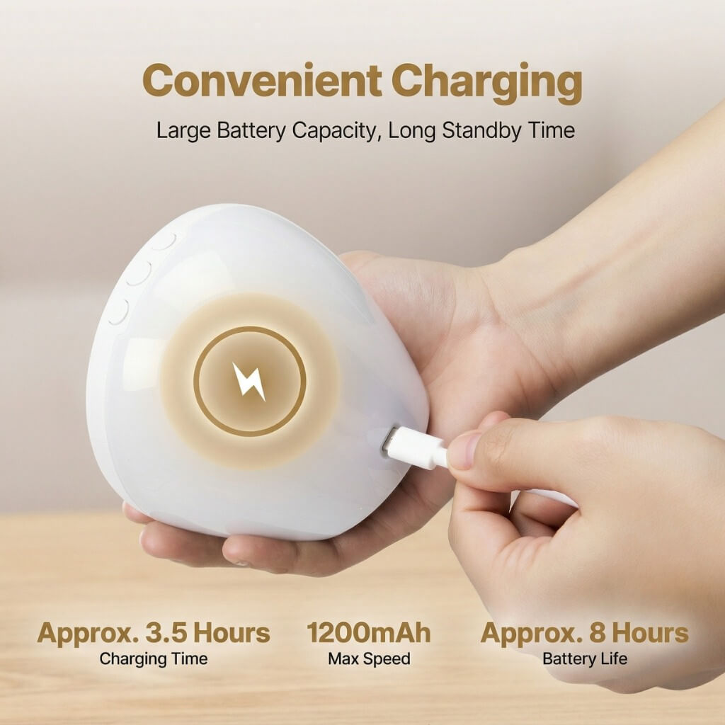 Hand holding a white noise machine device with charging cable, on a beige background.