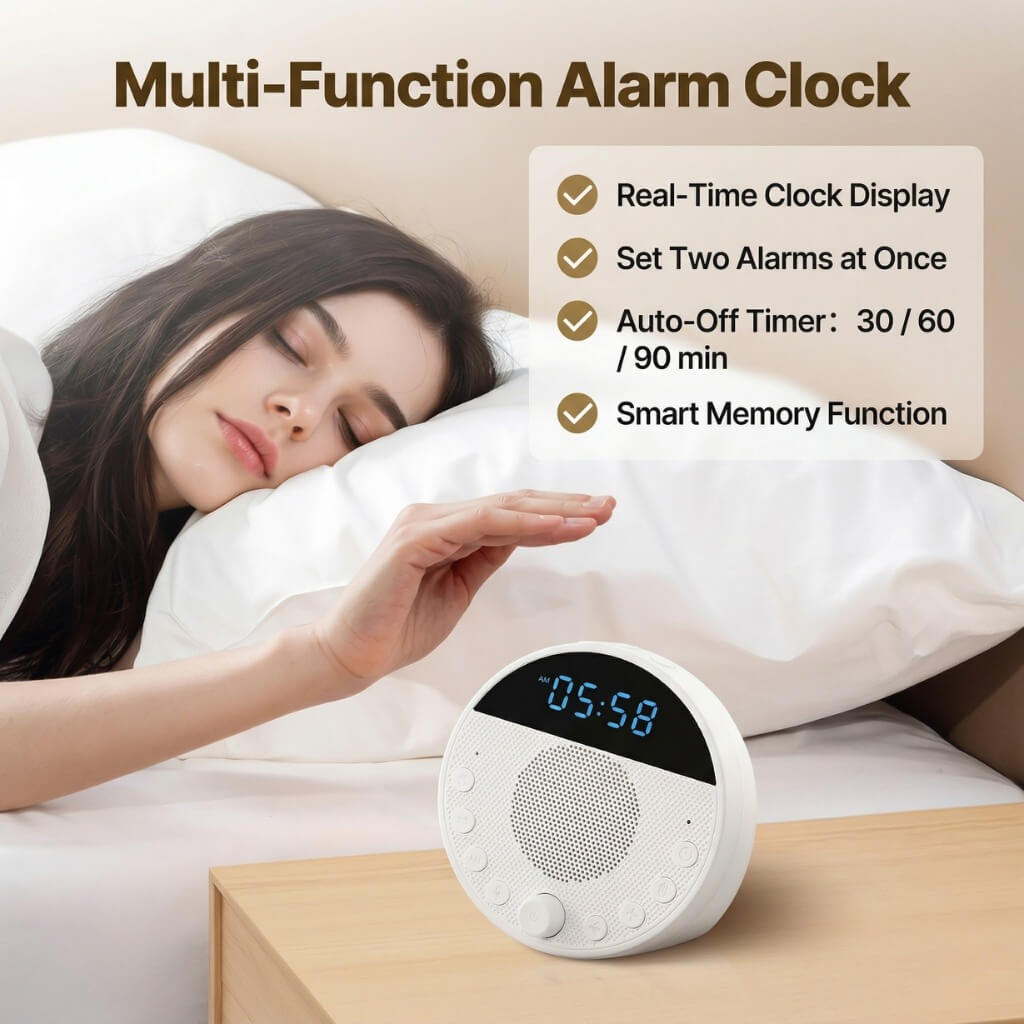 Woman sleeping with a multi-function alarm clock with noise machine on a bedside table