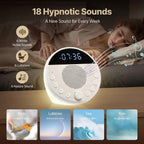 White noise machine with display and buttons, labeled '18 Hypnotic Sounds' on a dark background.