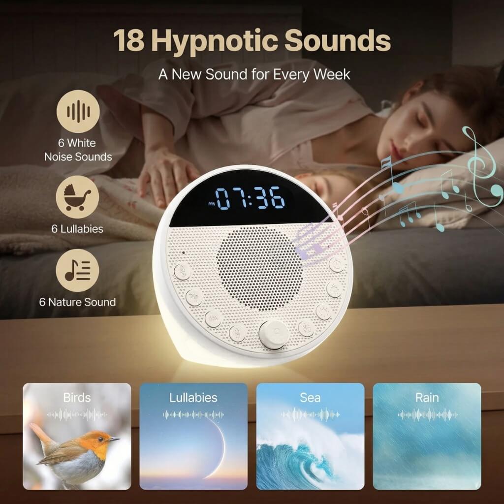 White noise machine with display and buttons, labeled '18 Hypnotic Sounds' on a dark background.