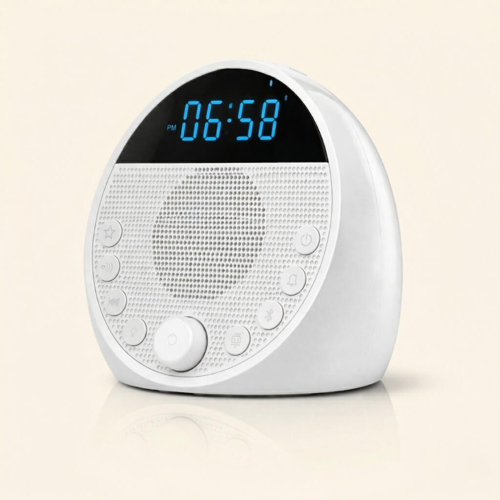Deep Rest White Noise Machine with a white casing on a beige background