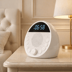 White digital clock with noise machine on a nightstand with a lamp in the background