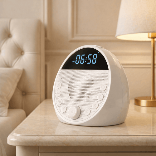 White digital clock with noise machine on a nightstand with a lamp in the background