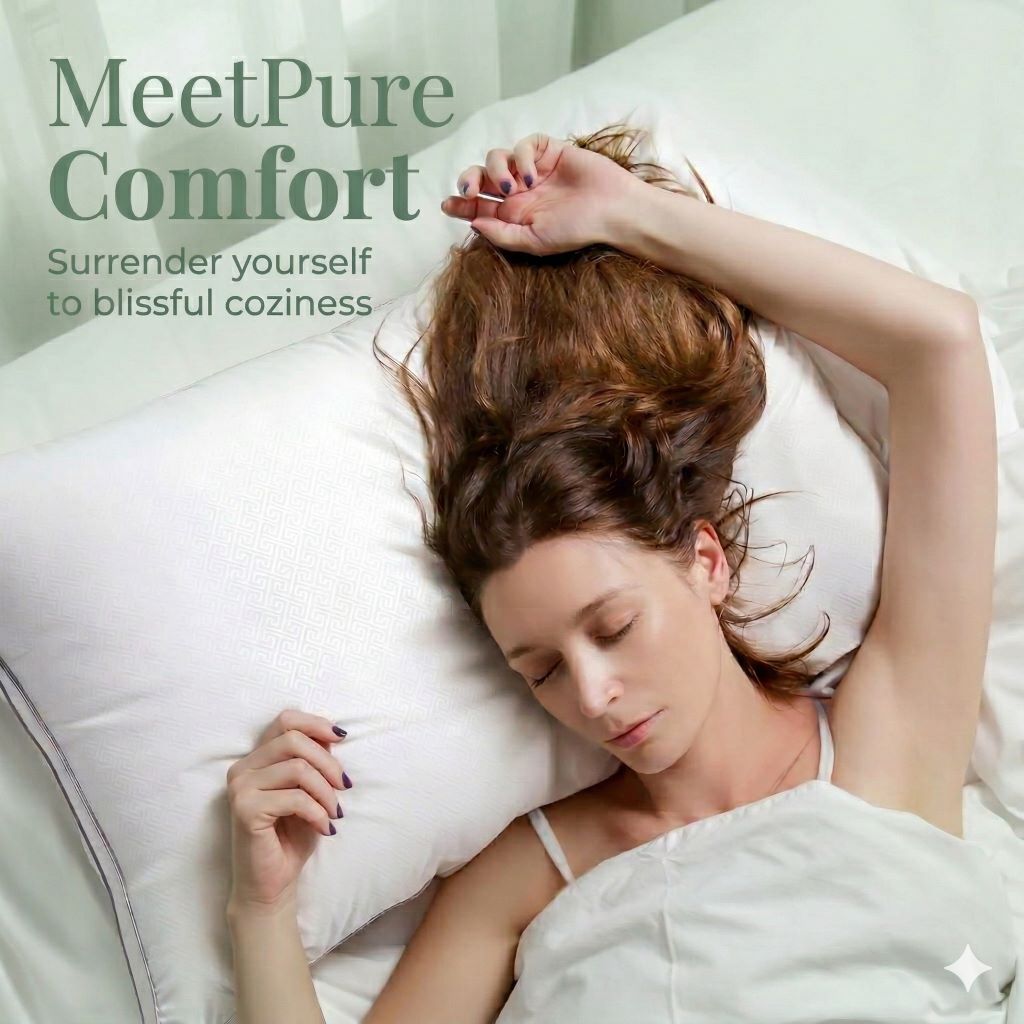 Woman sleeping on a pillow with 'Meet Pure Comfort' text overlay