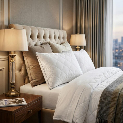 Neatly made bed with white bedding and pillows in a bedroom setting.