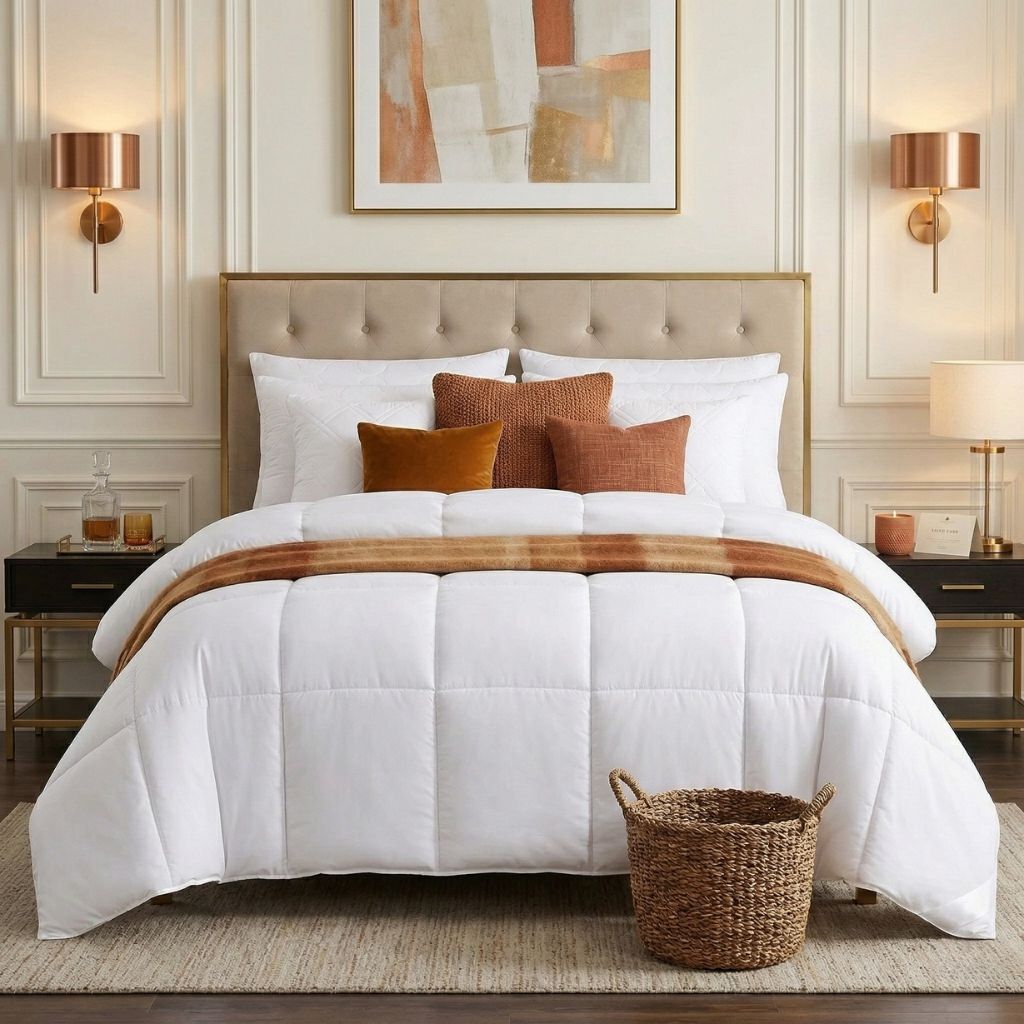 Neatly made bed with white comforter and brown pillows in a bedroom setting.