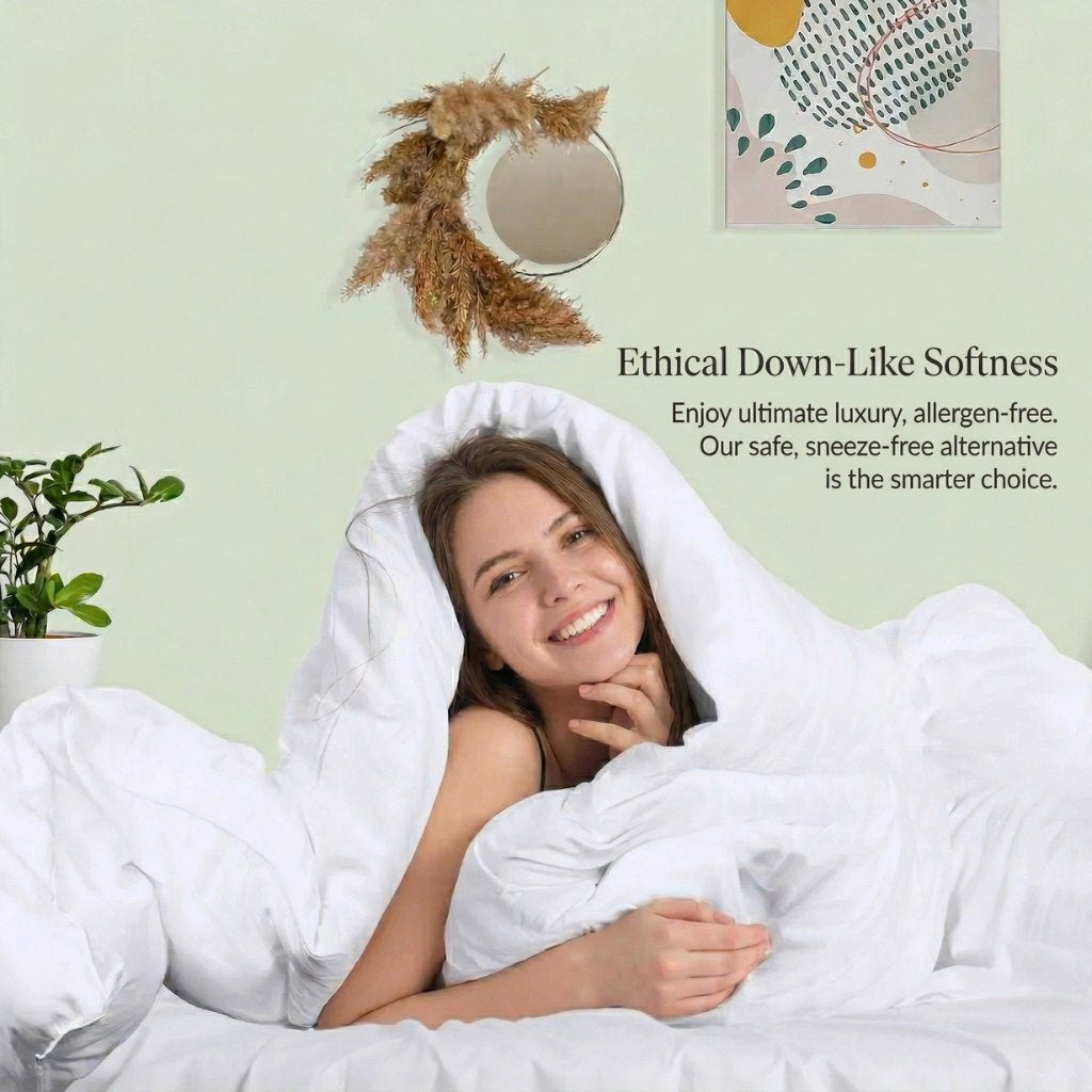 Woman lying under a white comforter with text about ethical down-like softness on a light green wall.