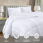 White comforter set on a bed with visible features and benefits displayed.