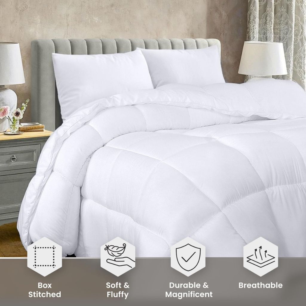 White comforter set on a bed with visible features and benefits displayed.