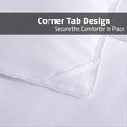 White comforter with corner tab design on a light gray background