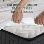 Person adjusting white mattress sheets on a gray mattress with text about sheet size compatibility.