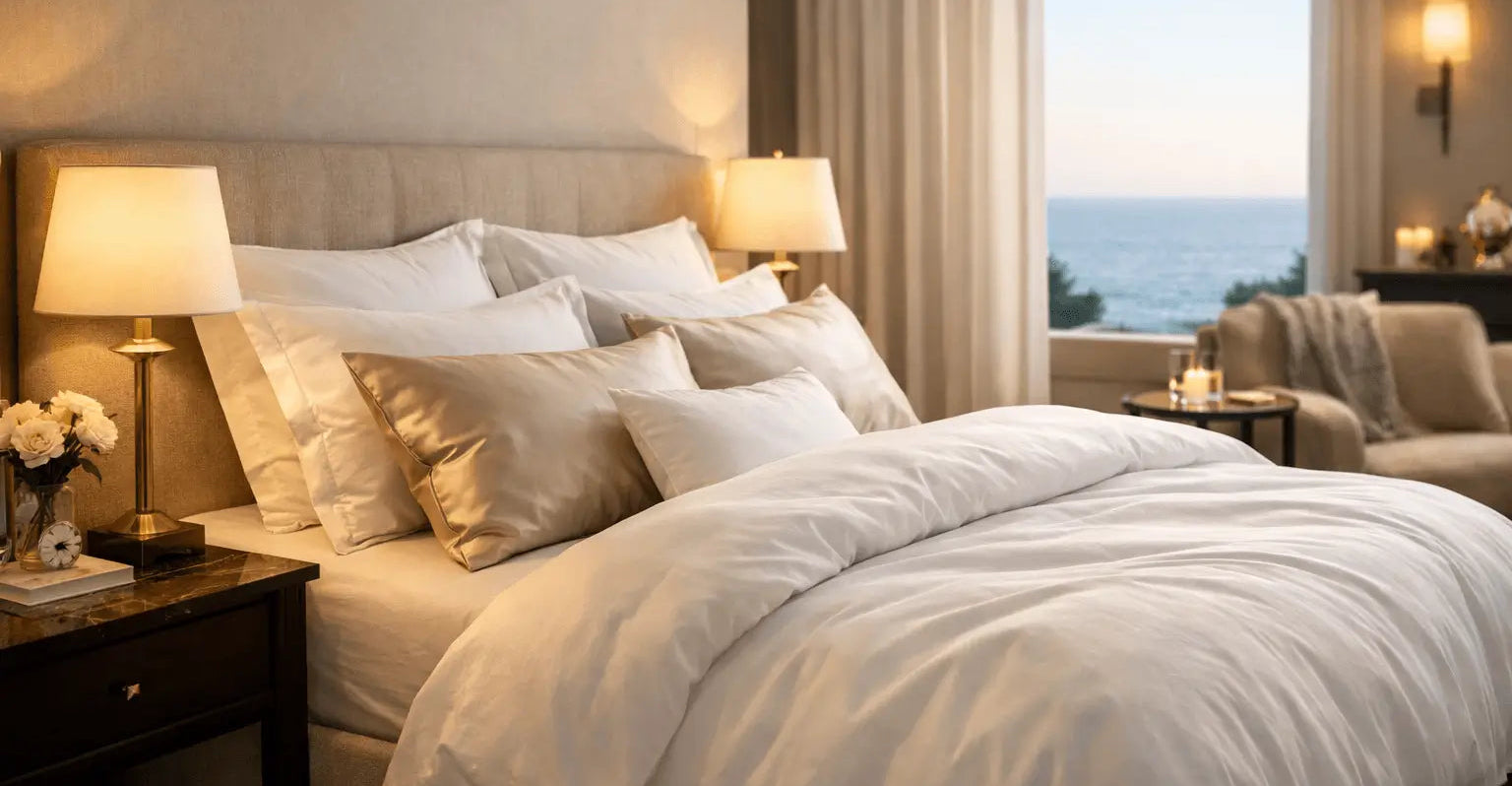 Luxury hotel-inspired bedding styled in a calm neutral bedroom