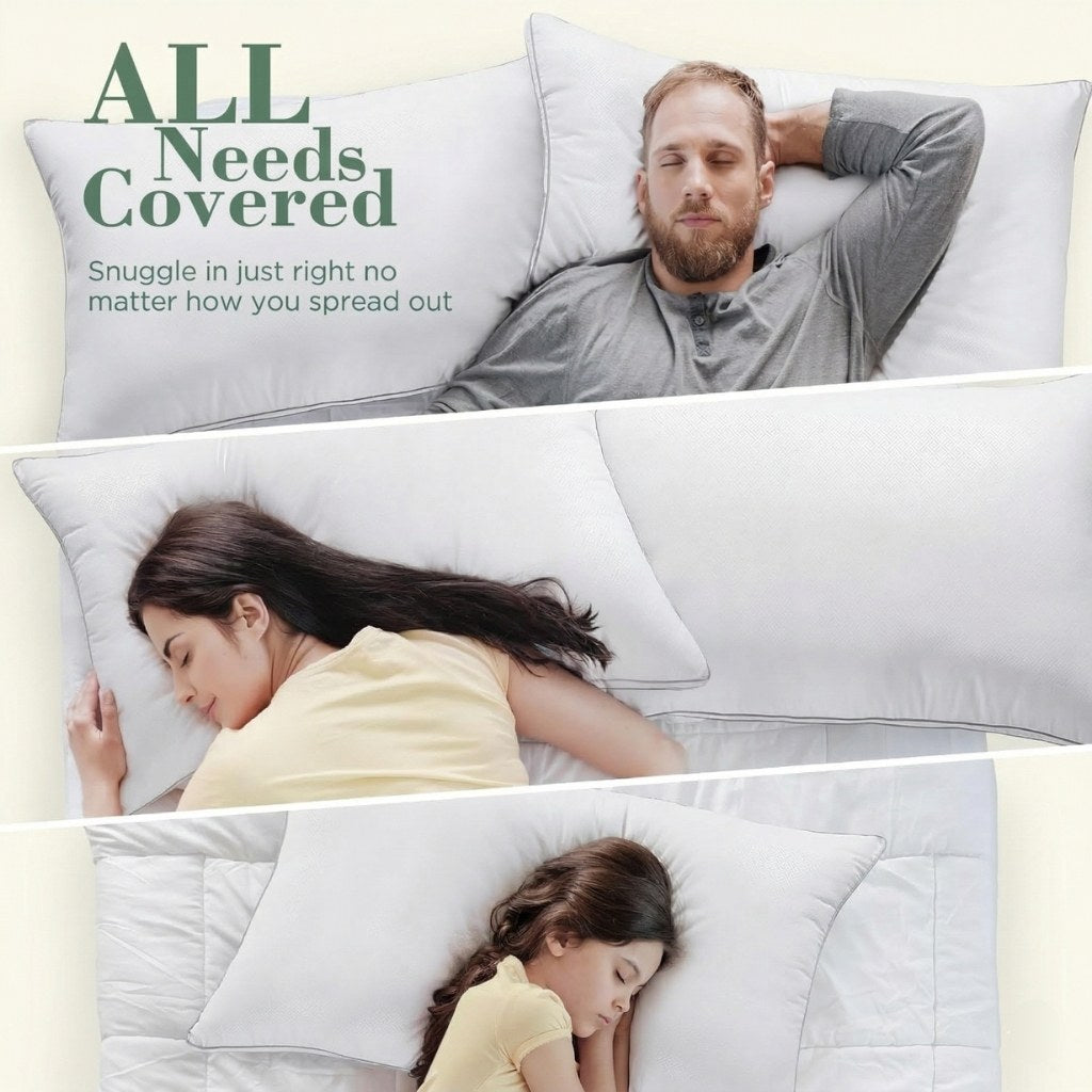 Collage of people snuggling in pillows with text 'All Needs Covered' and 'Snuggle in just right no matter how you spread out'.