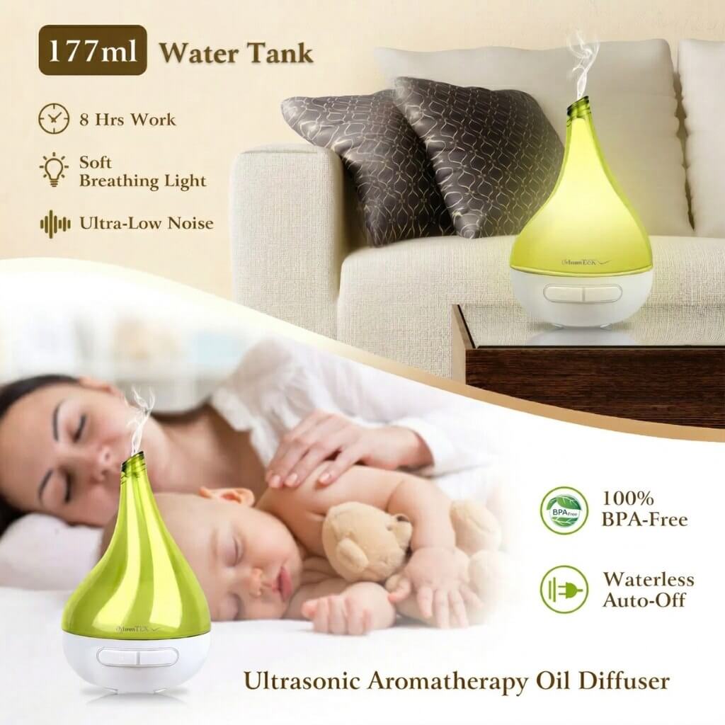 Ultrasonic aromatherapy oil diffuser on a nightstand with a woman and child sleeping in the background.