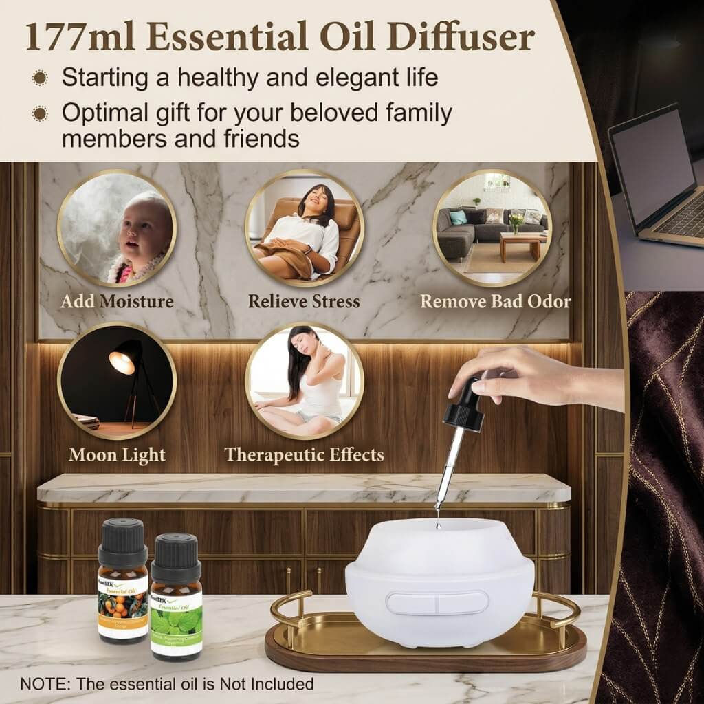 177ml Essential Oil Diffuser with features and benefits on a marble countertop.