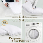 Step-by-step guide on preparing pillows using a vacuum-sealed bag, including unpacking, airing out, and washing.