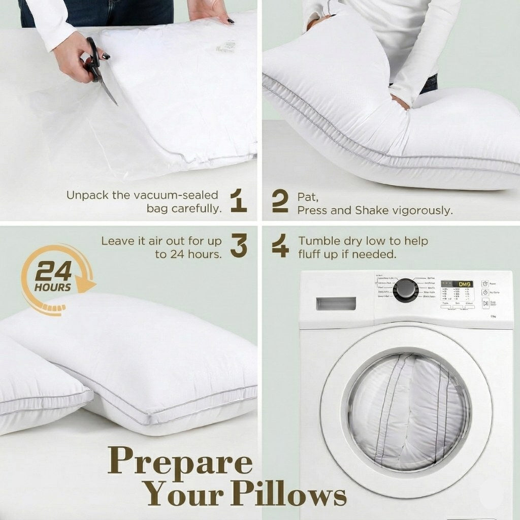 Step-by-step guide on preparing pillows using a vacuum-sealed bag, including unpacking, airing out, and washing.