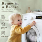 Child interacting with a washing machine with text about laundry care tips.