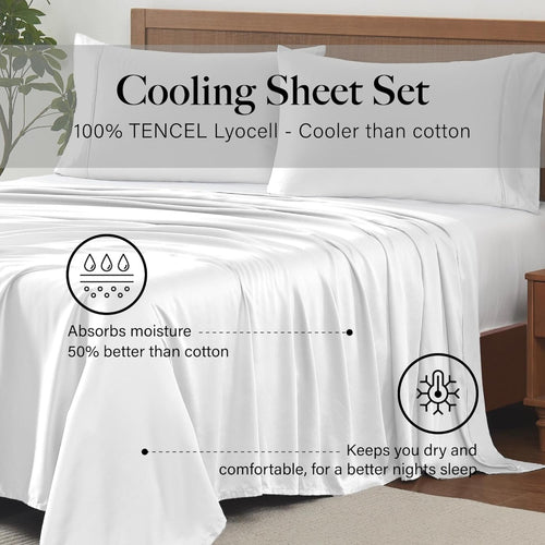 Neatly made bed with white bedding in a modern bedroom setting.