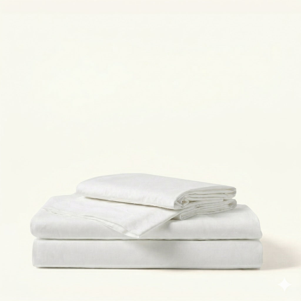 White bed sheets and pillowcase set on a light beige background