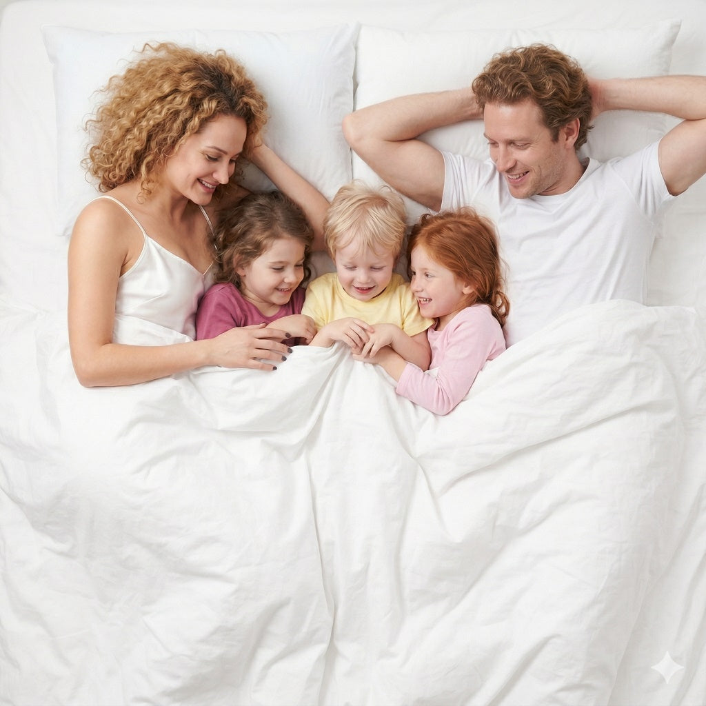 Family of four lying in bed together, smiling and interacting.