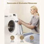 Woman washing a removable and washable pillowcase in front of a washing machine.