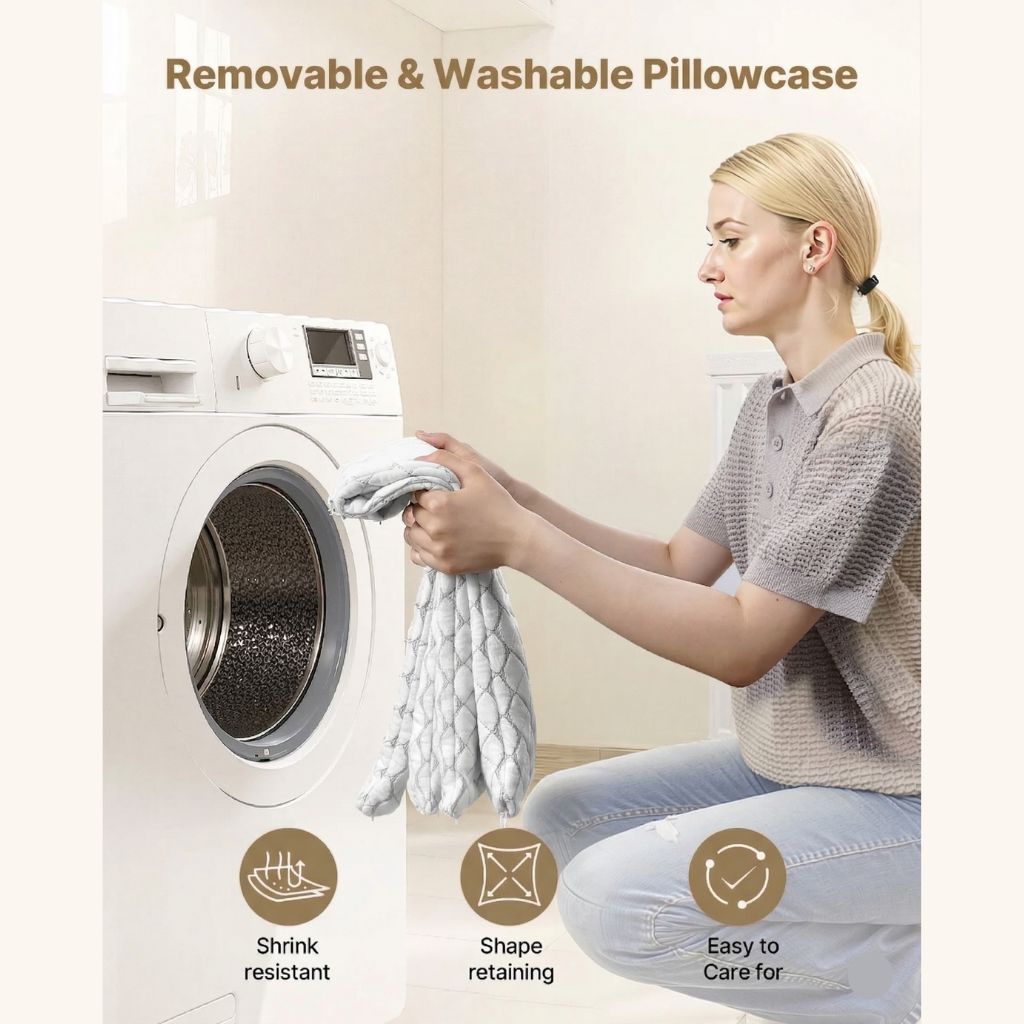 Woman washing a removable and washable pillowcase in front of a washing machine.