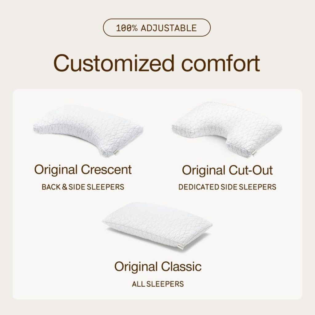 Three types of Adjustable pillows with labels for different sleepers on a beige background