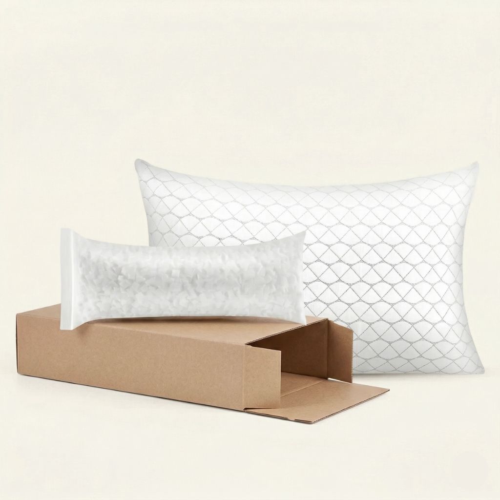 Two white textured Adjustable pillows with a cardboard box on a beige background