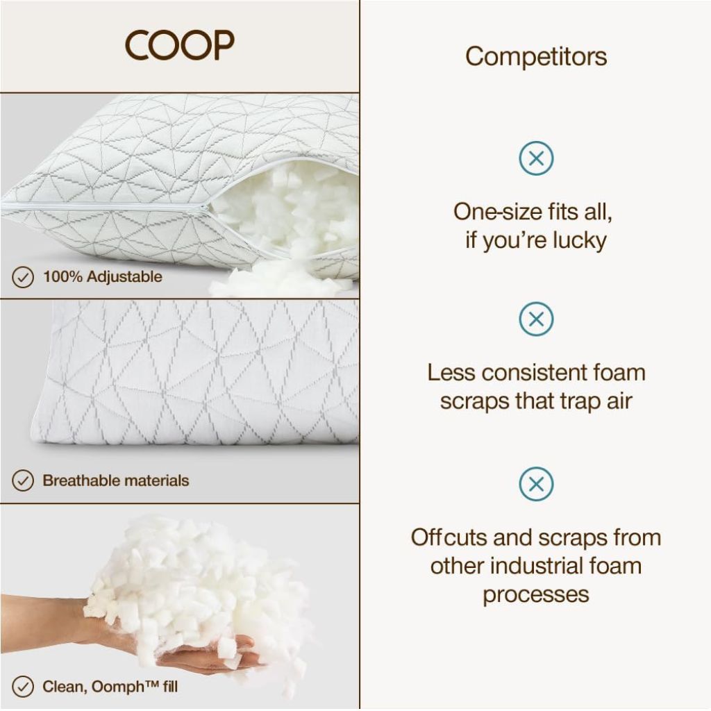 Core Calm Adjustable Memory Foam Pillow – Shredded Cooling Pillow for Side & Back Sleepers