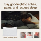 Person lying on a bed with an Adjustable pillow, accompanied by text and images of people in pain.