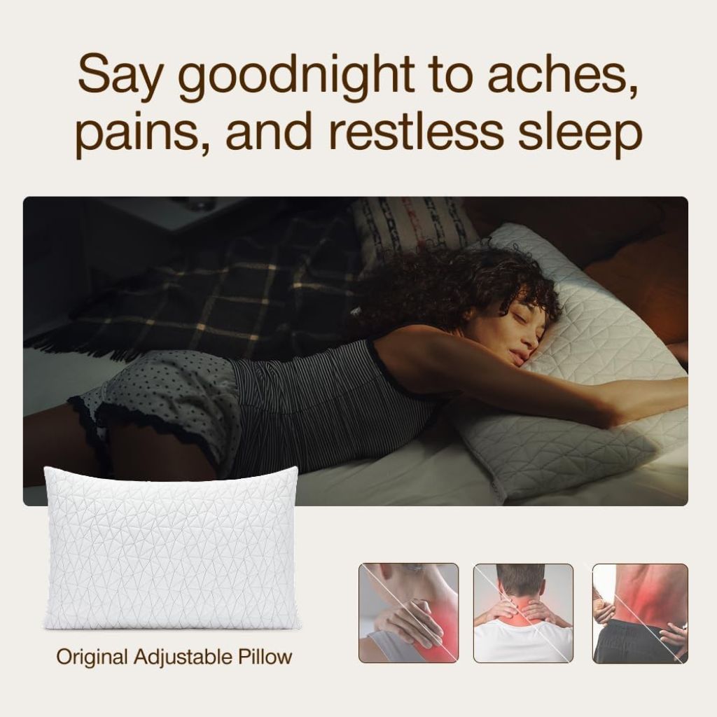 Person lying on a bed with an Adjustable pillow, accompanied by text and images of people in pain.