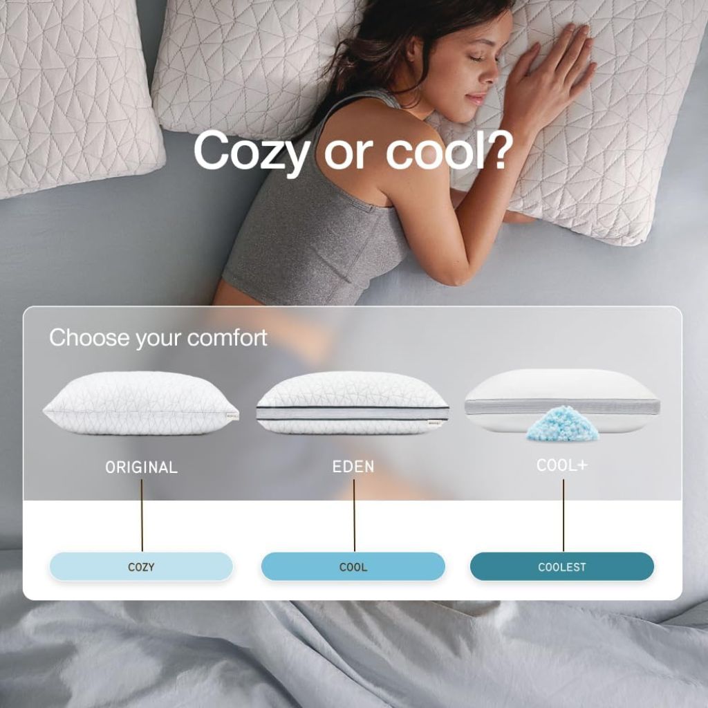 Woman lying on a bed with three  Adjustable pillow options displayed below her.